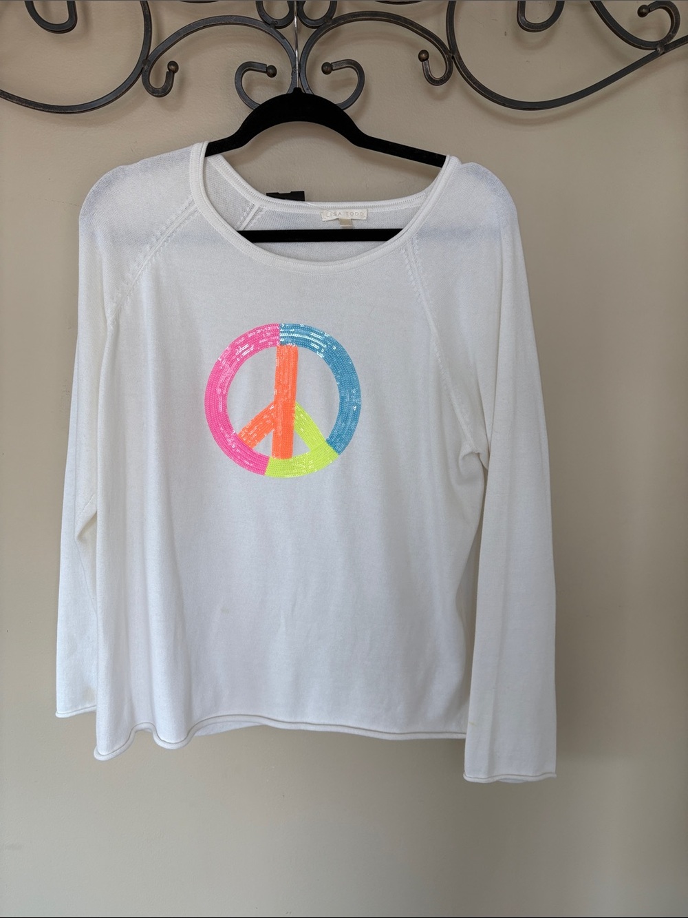 Lisa Todd White Long-Sleeve Top with Neon Peace Sign